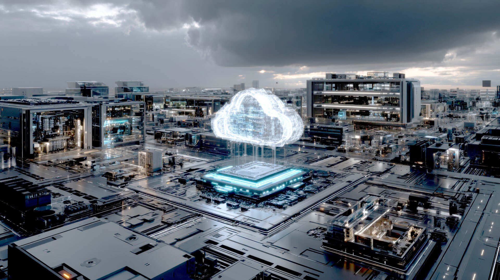 Futuristic data center with digital cloud, symbol for cloud computing and digitalization solutions of the ISO-Gruppe.