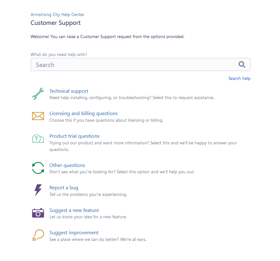 Screenshot of an online customer support portal with search field and service categories for digital IT support and product inquiries.