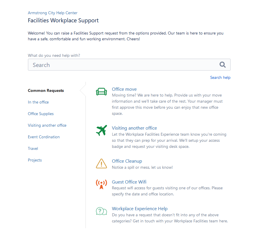 Screenshot of a facilities workplace support portal with a search field and categories for digital service requests relating to the office and workplace.