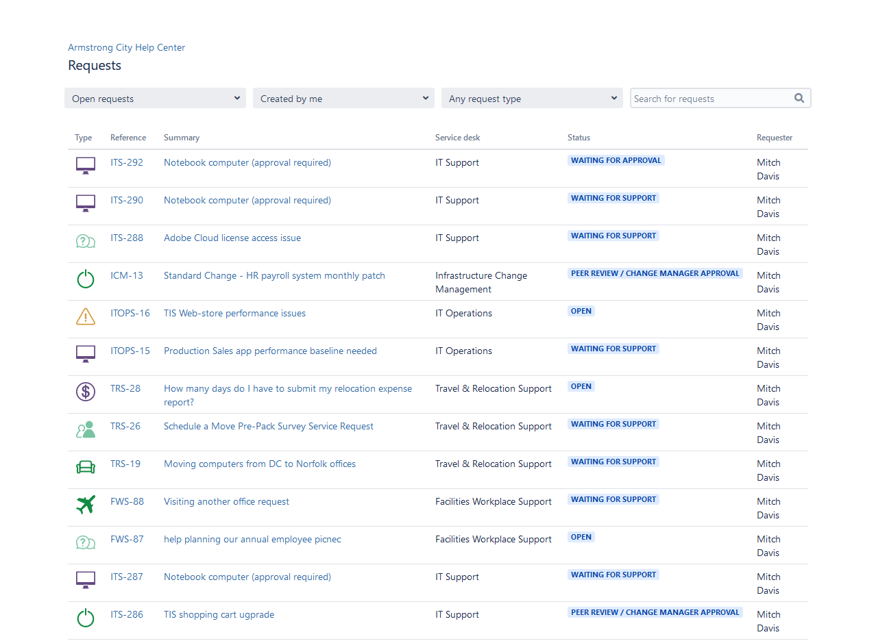 List of open service requests in a Jira service portal with type, summary, service desk, status, and requester.