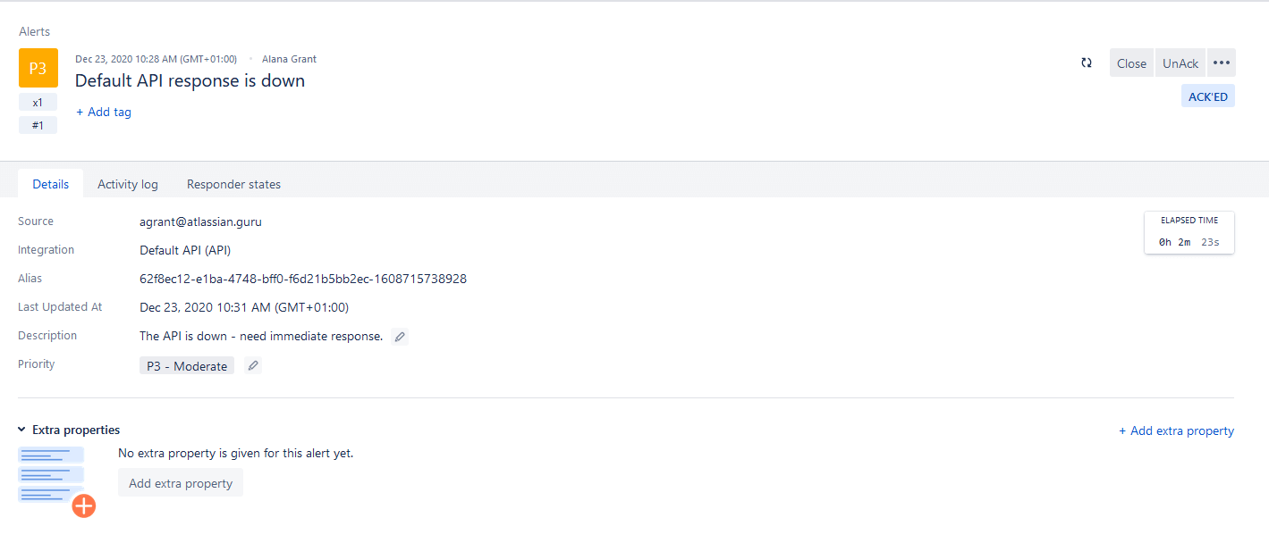 Opsgenie alert view with the message “Default API response is down” shows prioritized disruption in IT monitoring and incident management.